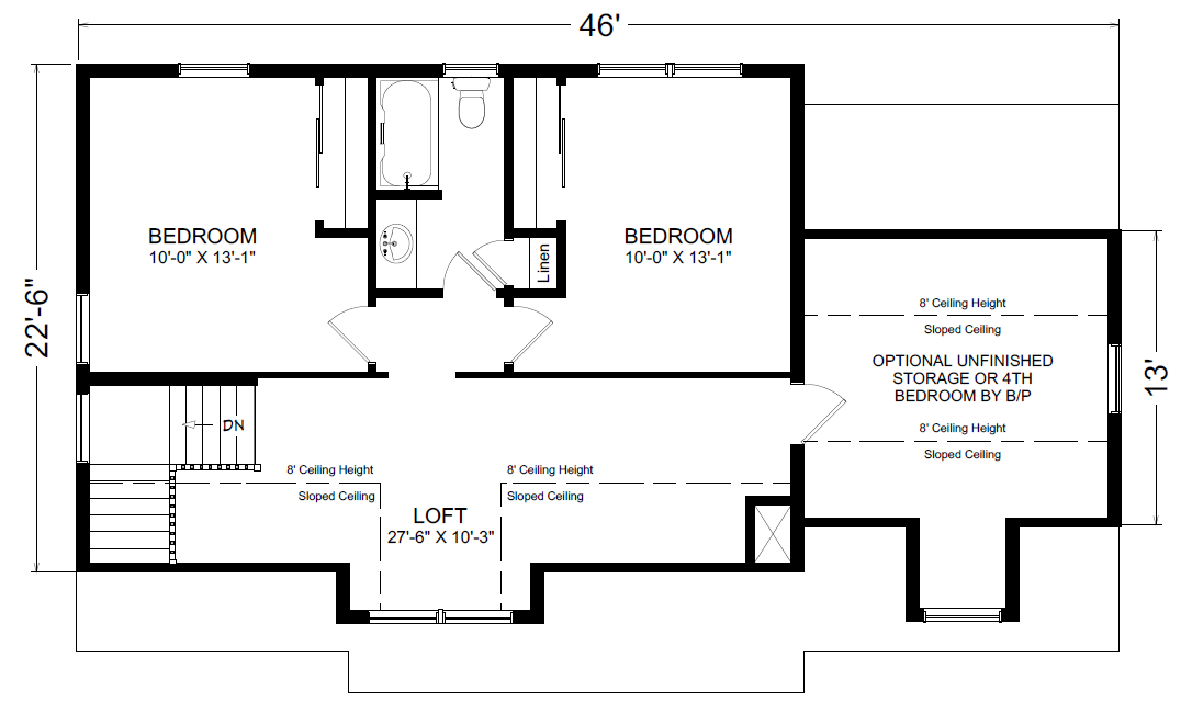 A black and white 2nd-floor plan of a Concord Cape home.