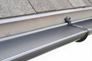 Close-up of a gutter with a black mesh guard installed to prevent debris buildup; gray shingles in the background.