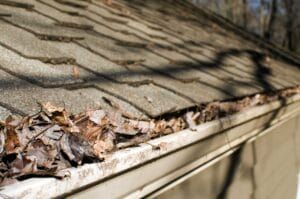 Gutter filled with brown leaves on a brown roof.