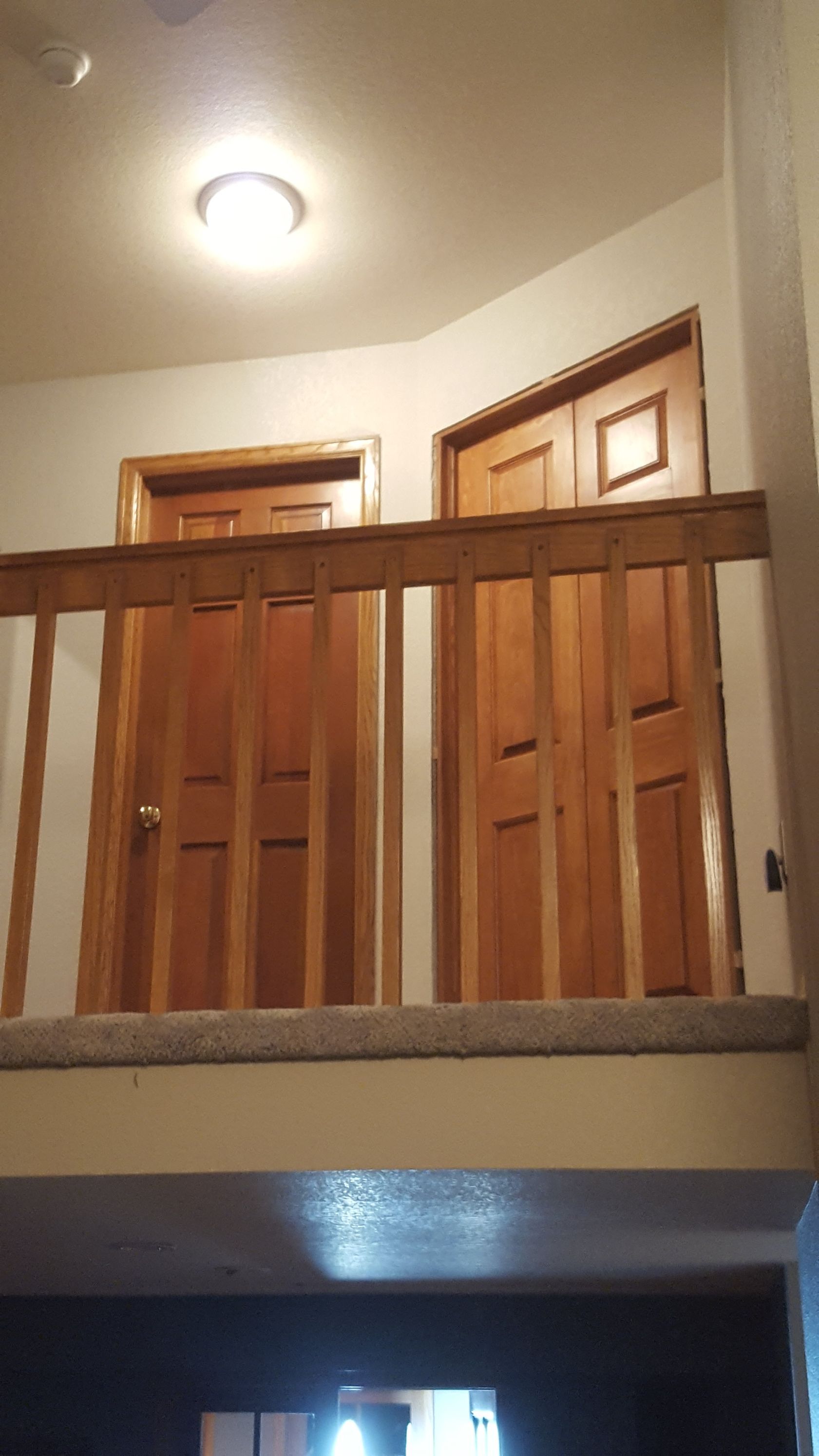 Indoor hallway with wooden railing, two doors, and a ceiling light above a stair landing.