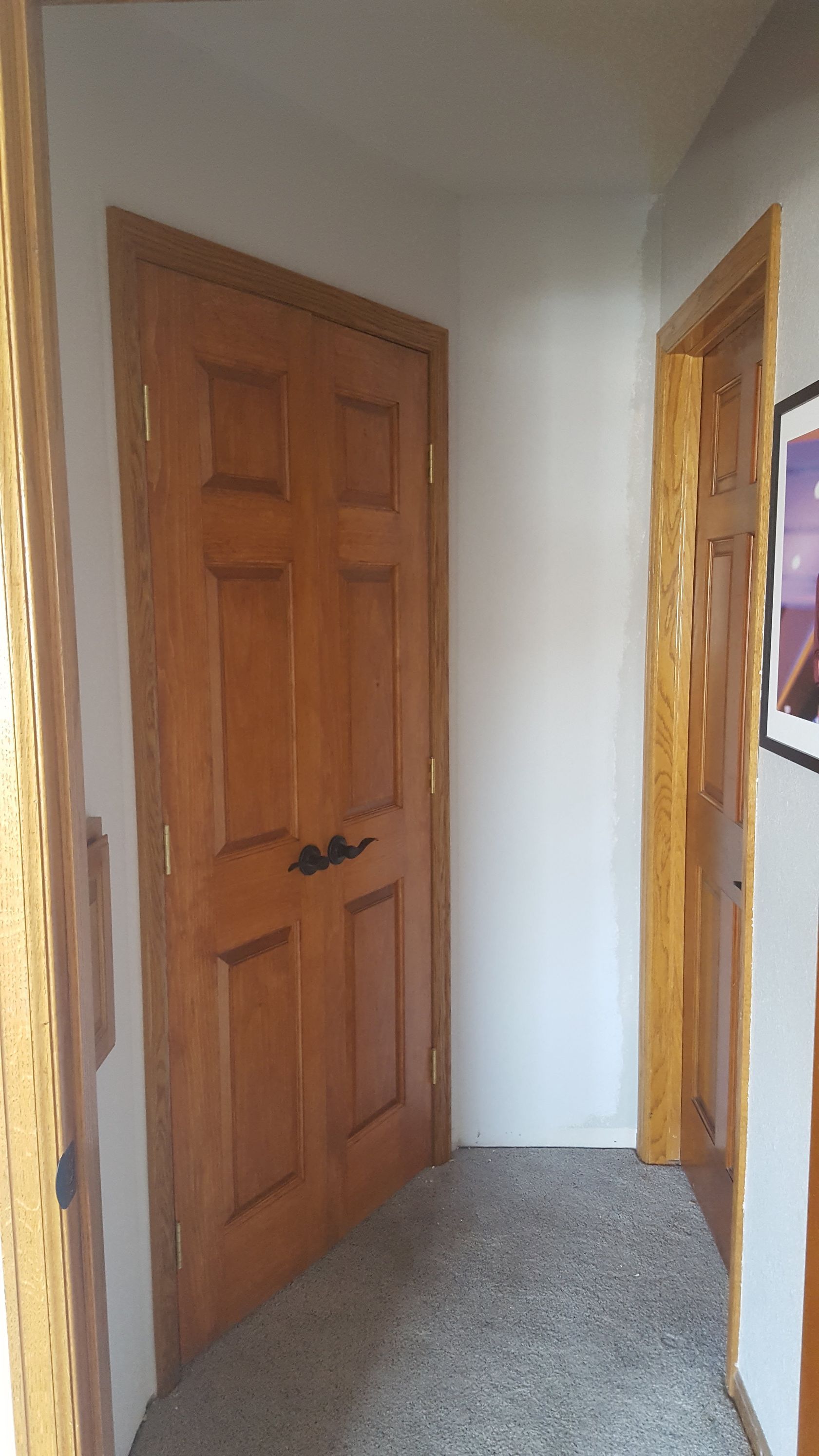 Narrow hallway with white walls, gray carpet, and closed wooden doors on both sides.