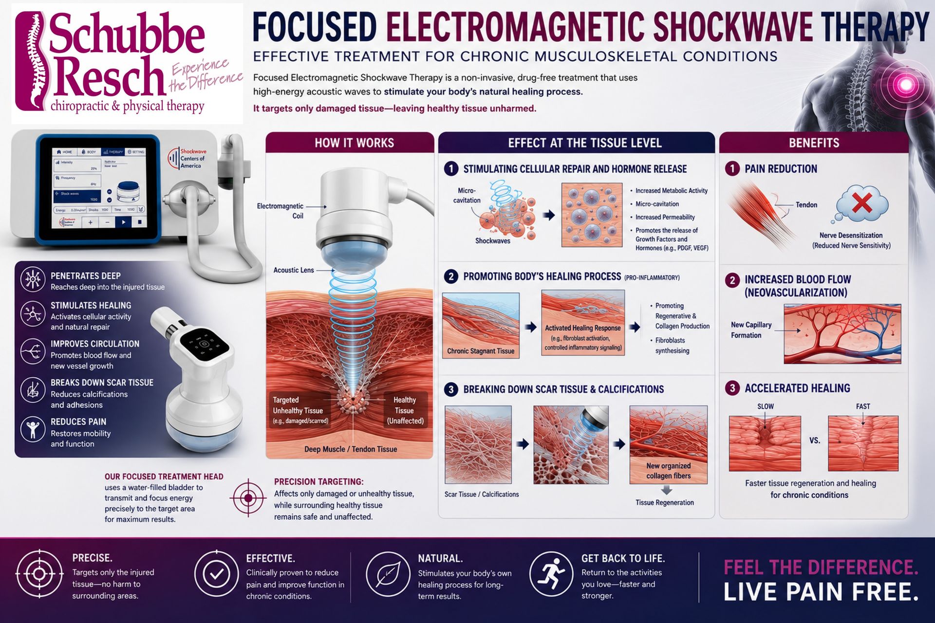 Focused electromagnetic shockwave therapy infographic with device, treatment steps, and clinic branding