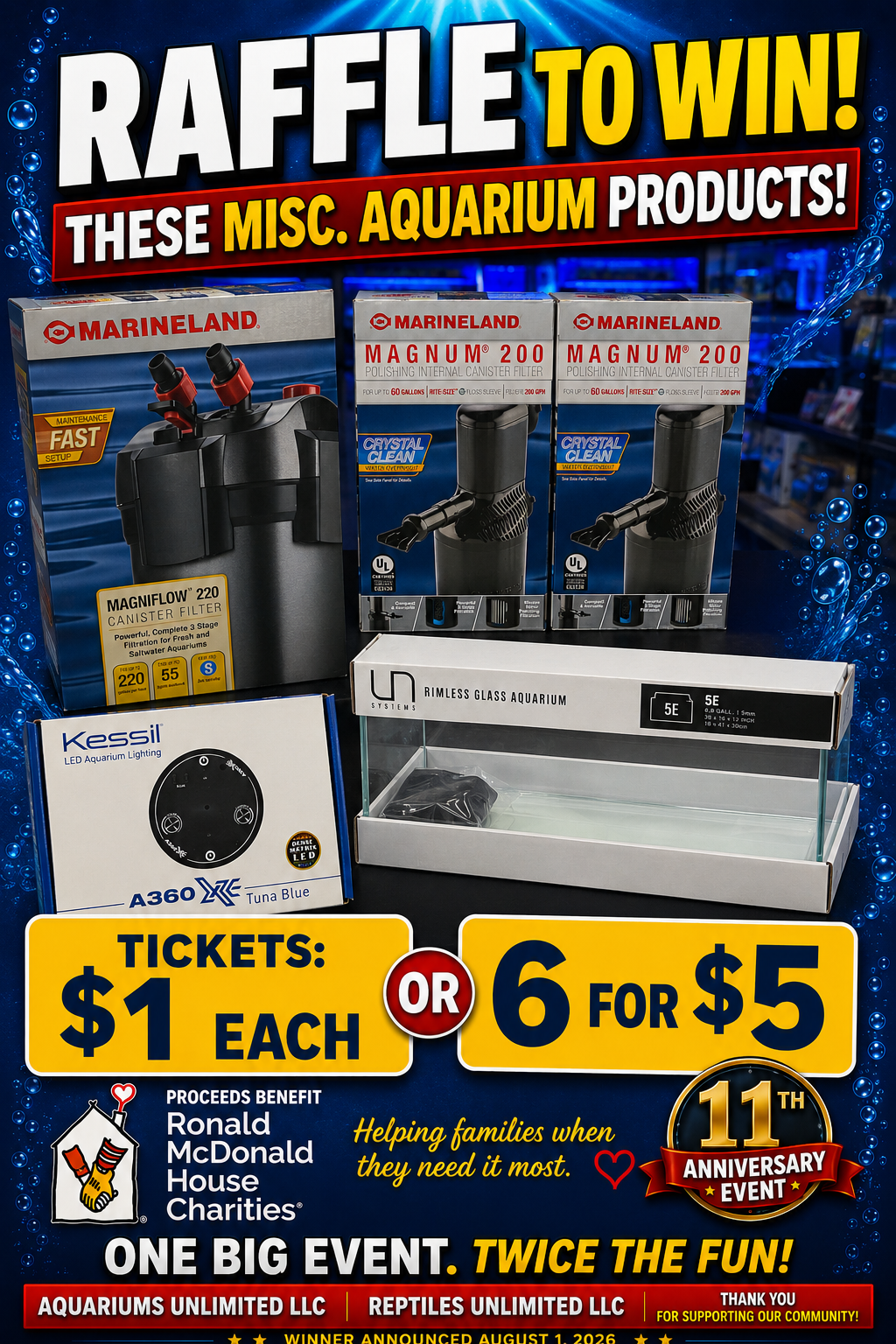 Raffle poster for misc aquarium products with fish tanks, filters, tickets, and prize details on blue background
