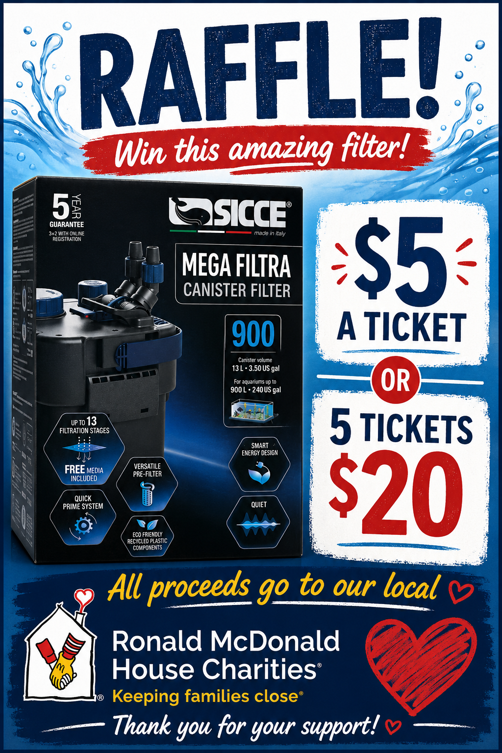 Raffle poster for a black coffee maker: $5 per ticket or 5 for $20, with proceeds for Ronald McDonald House Charities.