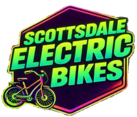 Scottsdale Electric Bikes neon logo with green text and a glowing electric bike illustration