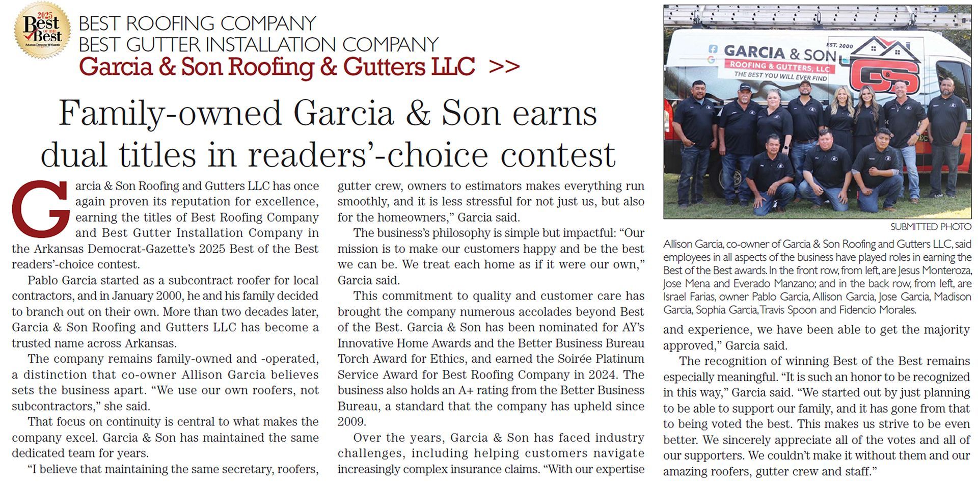 Article: Garcia & Son wins dual reader's choice titles. A group photo of employees. Text ad details company achievements.