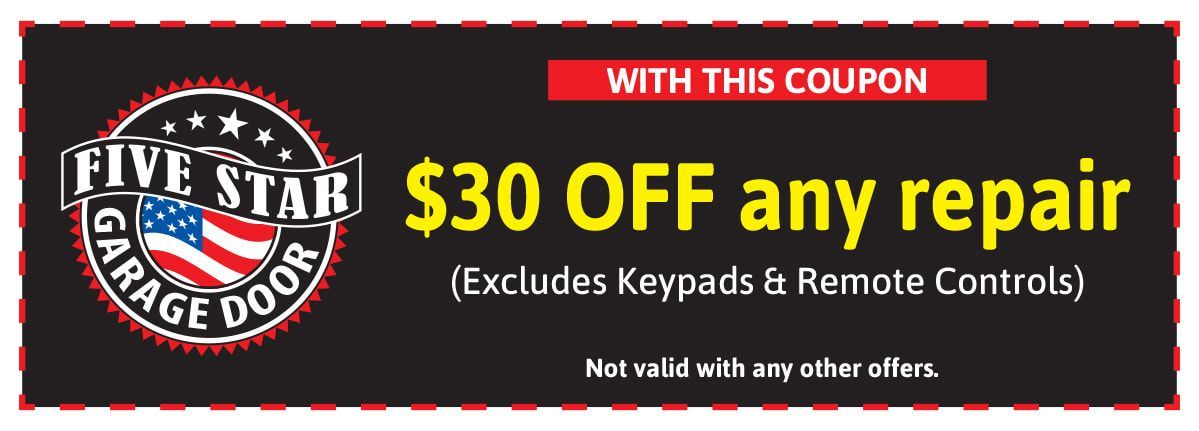 A coupon for five star garage door offers $ 30 off any repair