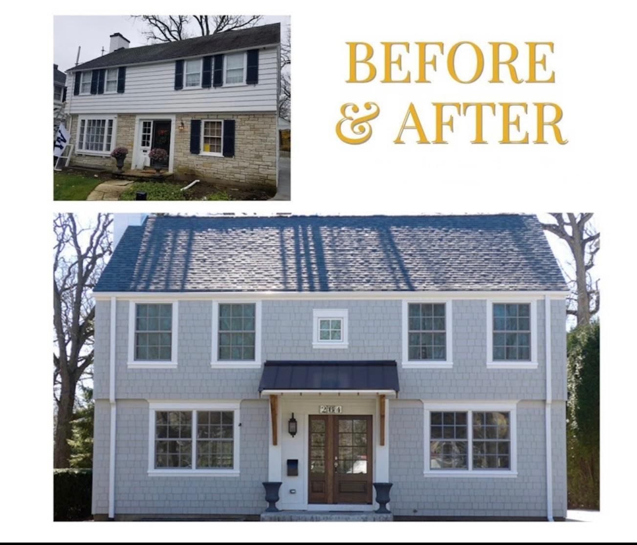 Before and after of a two-story home, showing a renovation from weathered stone to gray shingle siding, with new windows and roof.