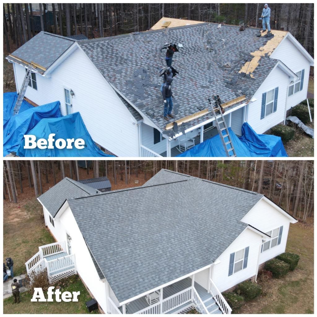 Comparison of a house's roof: before (under construction with workers) and after (complete, new shingles).