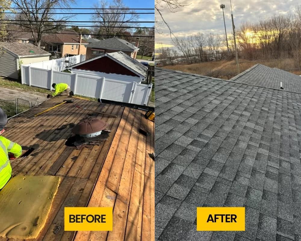Before-and-after of a roof replacement: worn wooden boards to new gray shingles. Two workers on the roof in the 