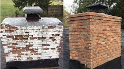 Chimney comparison: Before, a damaged brick chimney with peeling paint. After, a restored brick chimney.
