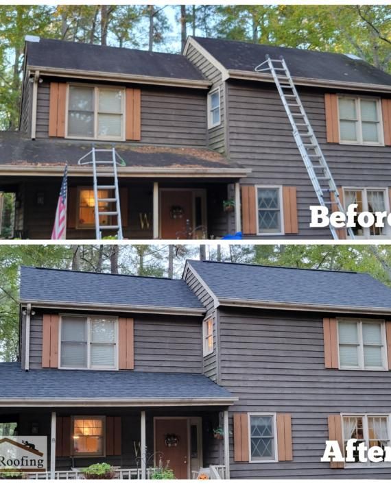Comparison of a two-story house roof before and after a cleaning/repair. The house is brown, the 