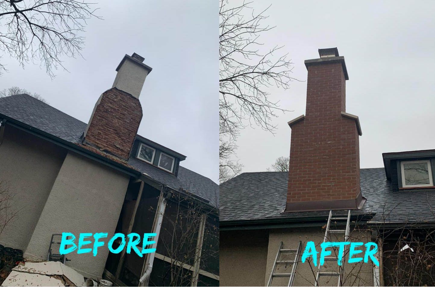 Chimney before and after repair. Brick chimney on a house, overcast sky. Ladder visible.