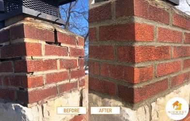 Comparison of a brick chimney before and after repair; cracks filled and mortar repaired.
