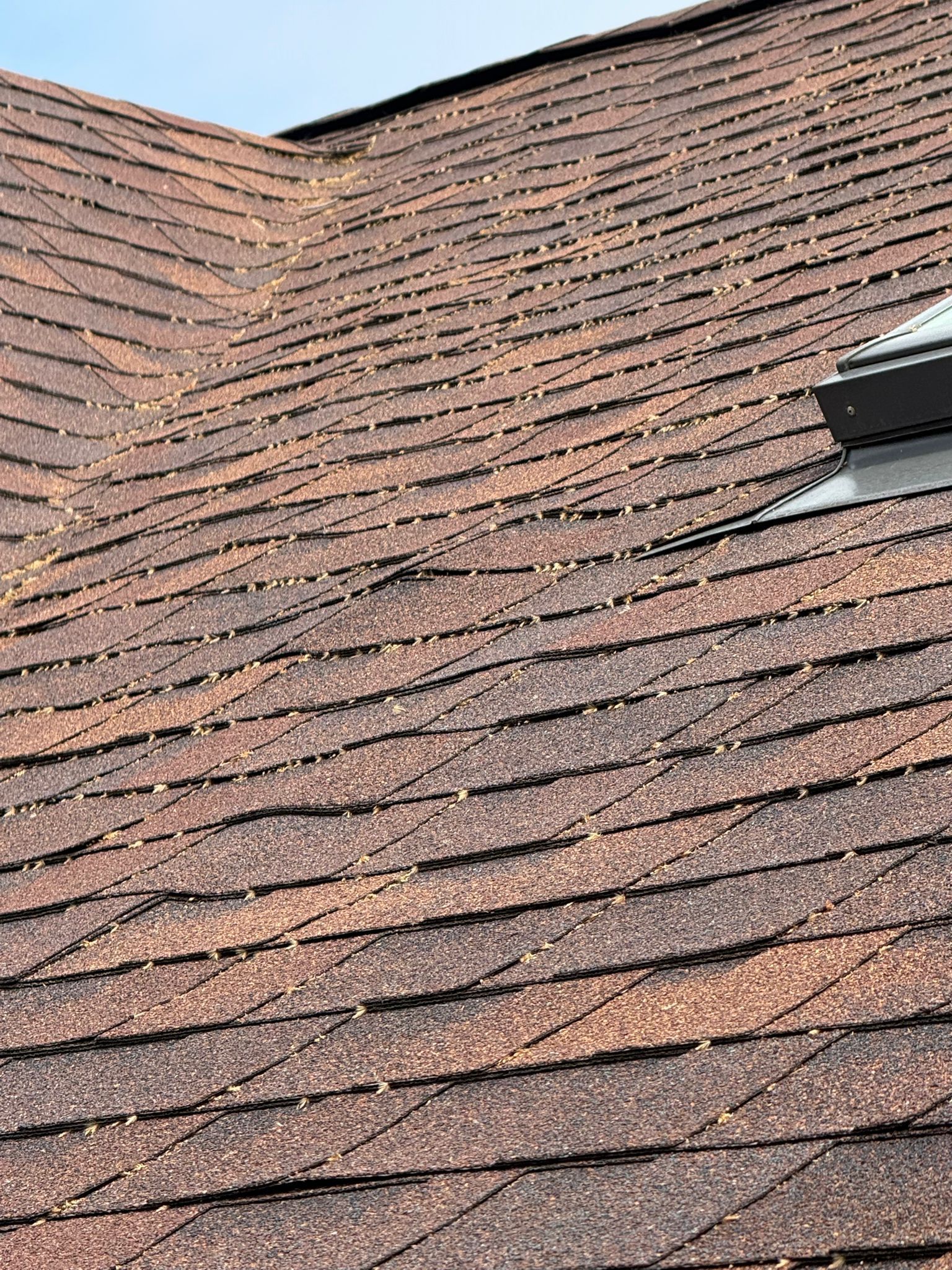 Brown asphalt shingle roof with some buckling and a small skylight.