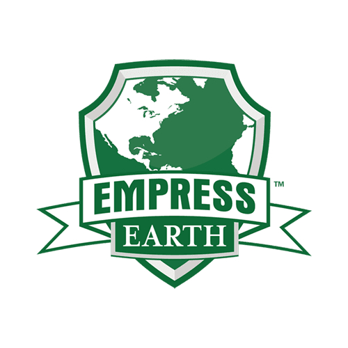 The empress earth logo is a green shield with a map of the world on it.