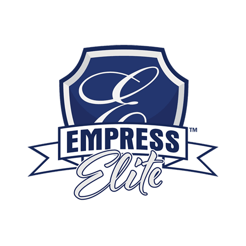The empress elite logo is a blue shield with a white ribbon.