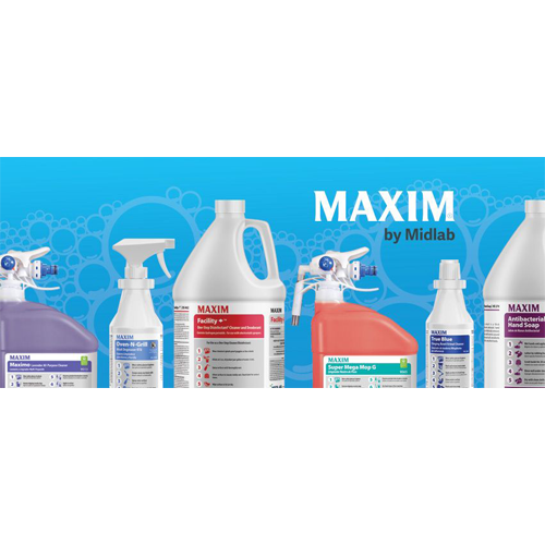 A variety of cleaning products are lined up on a blue background.