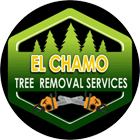 Logo for El Chamo Tree Removal Services featuring chainsaws, trees, and green and yellow text on black.