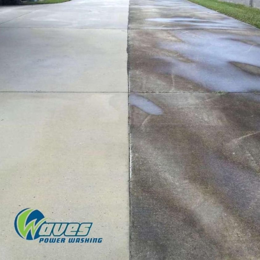 A before and after photo of a concrete driveway being cleaned by waves power washing.