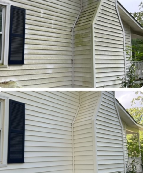 A before and after picture of a white house with black shutters