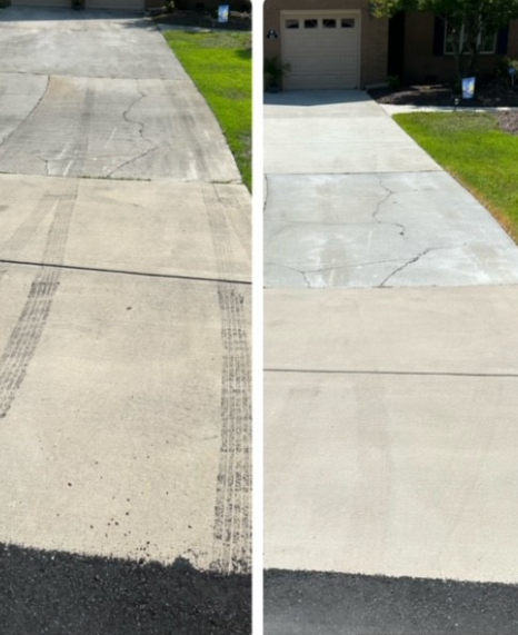 A before and after photo of a concrete driveway.
