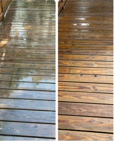 A before and after picture of a wooden deck.