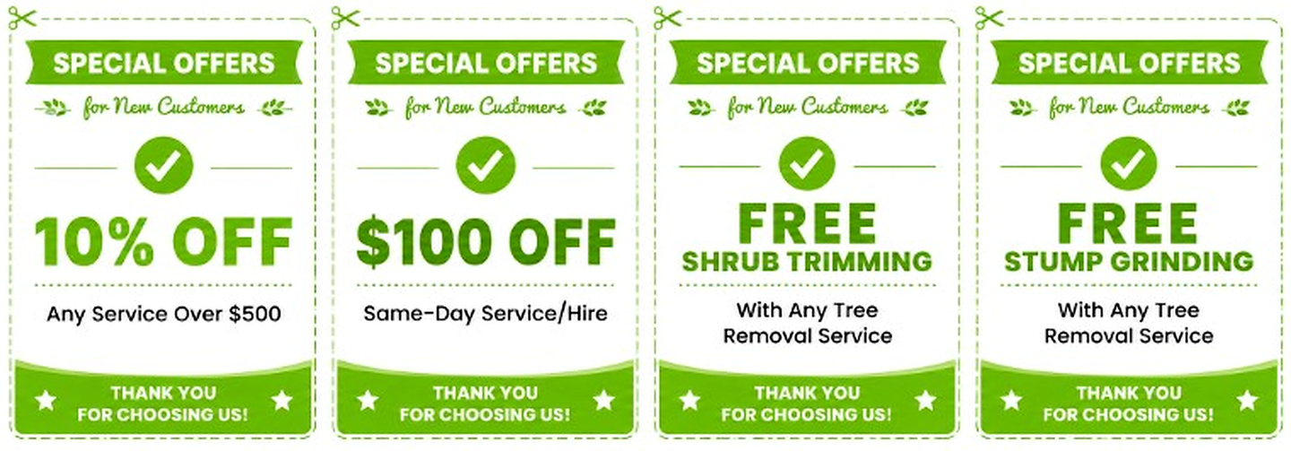 Green coupon-style promo cards advertising 10% off, $100 off, free shrub trimming, and free stump grinding
