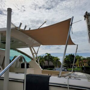 A boat with a canopy on top of it
