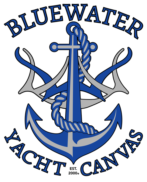 A blue water yacht canvas logo with an anchor and rope