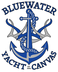 A blue water yacht canvas logo with an anchor and rope