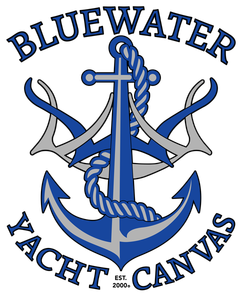 A blue water yacht canvas logo with an anchor and rope