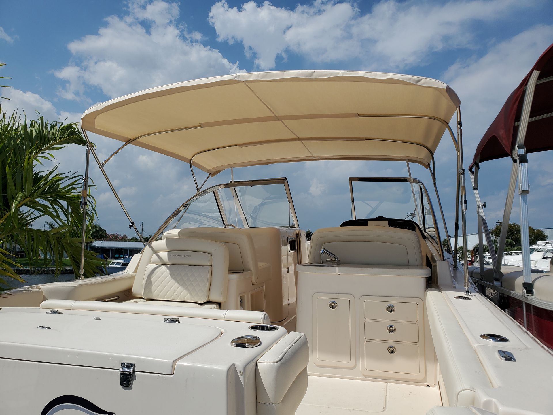 A boat with a canopy on top of it