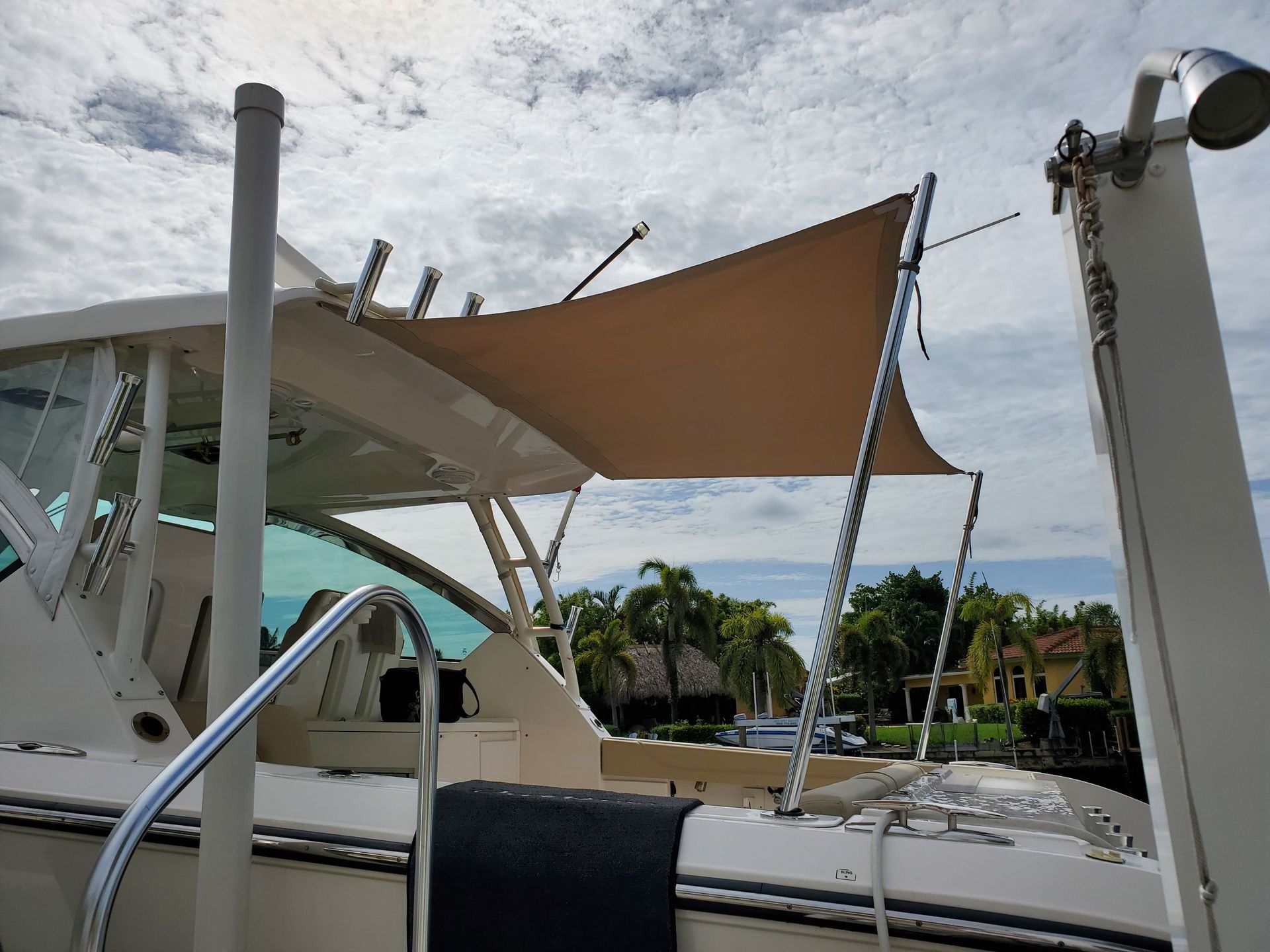 A boat with a canopy on top of it