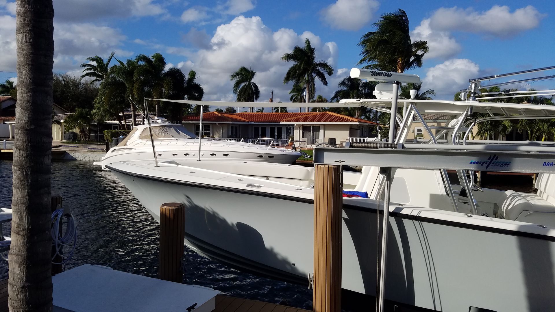 A row of boats are docked in a marina with palm trees in the background