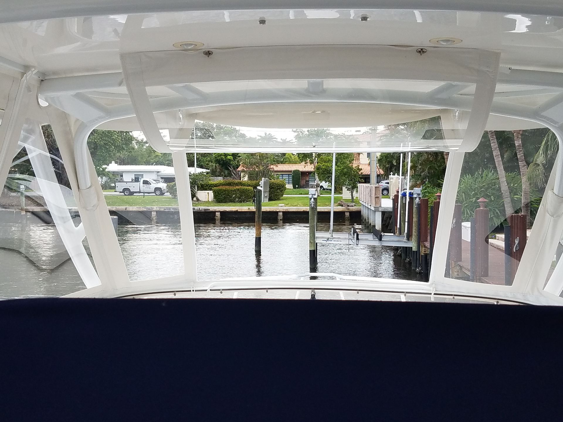 A view of a body of water from inside a boat