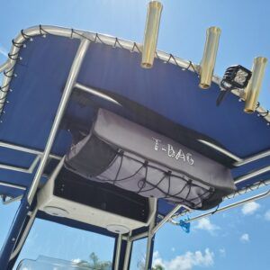 A boat with a bag that says t-dad on it