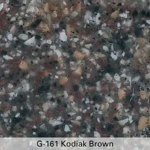 Close-up of speckled brown, gray, and black granite sample labeled G-161 Kodiak Brown