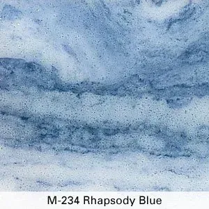 Abstract blue marbled texture with a wavy darker band, labeled “M-234 Rhapsody Blue”