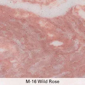 Mottled pink and white marble or stone sample labeled “M-16 Wild Rose”