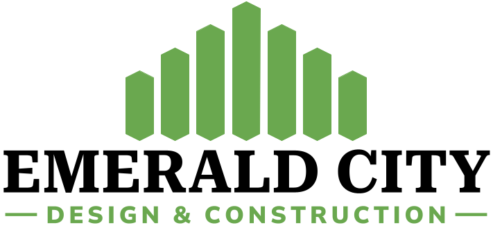 The logo for emerald city kitchen and bath has a green building on it.