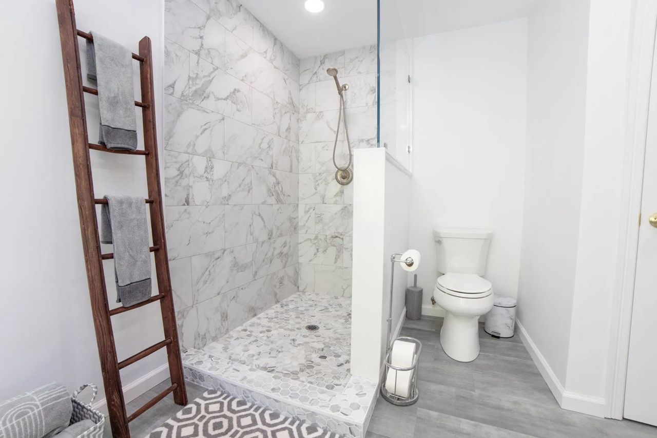 A bathroom with a toilet, shower, and ladder.