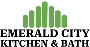 The logo for emerald city kitchen and bath has a green building on it.