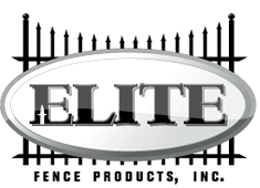 A logo for elite fence products inc. with a fence in the background