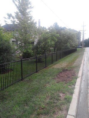 A black fence surrounds a lush green yard next to a road.