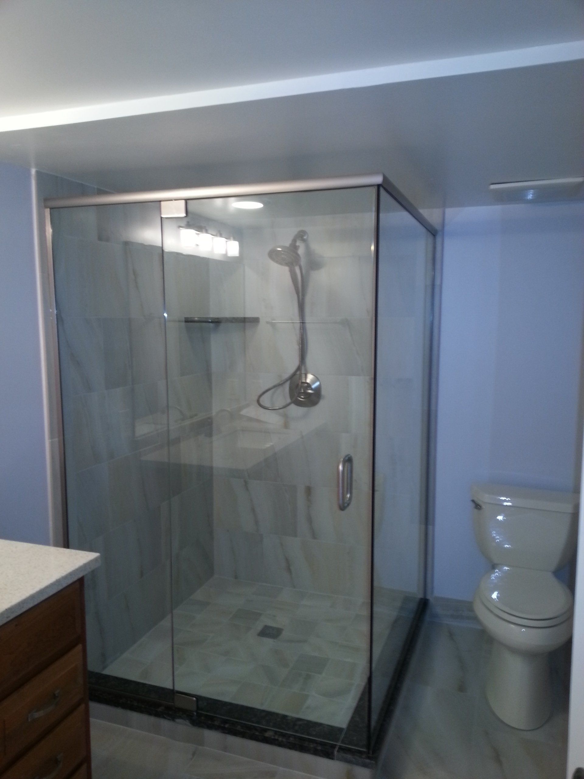 Glass shower enclosure in a bathroom with a toilet.