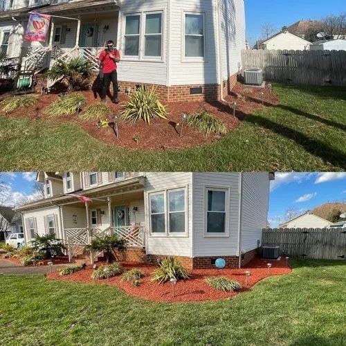 Before-and-after of a house front yard landscaping with mulch, plants, and a green lawn.