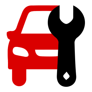 Red car with a black wrench, indicating car repair or maintenance.