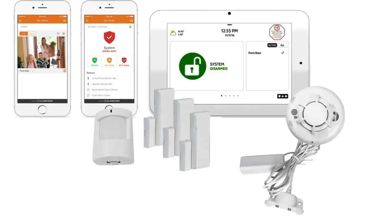 Smart home security kit with phone app, control panel, sensors, siren, and remote key fob