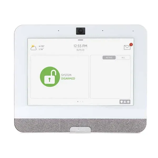 White smart home security panel showing a green unlocked padlock icon on its touchscreen